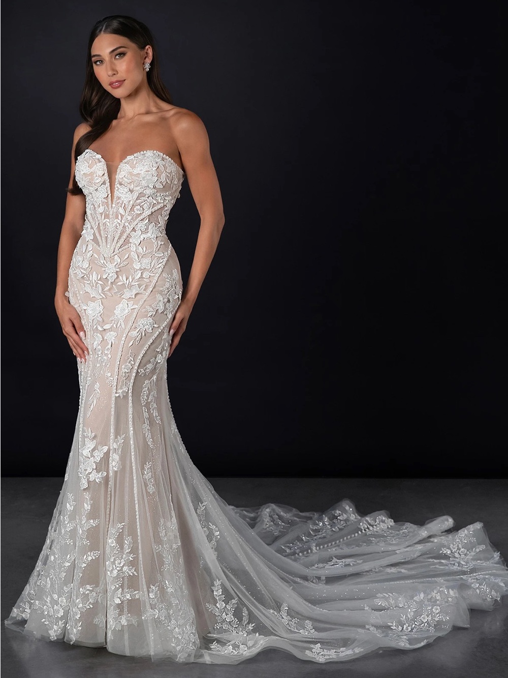 Martina Liana White Strapless Lace Fit & flare Gown